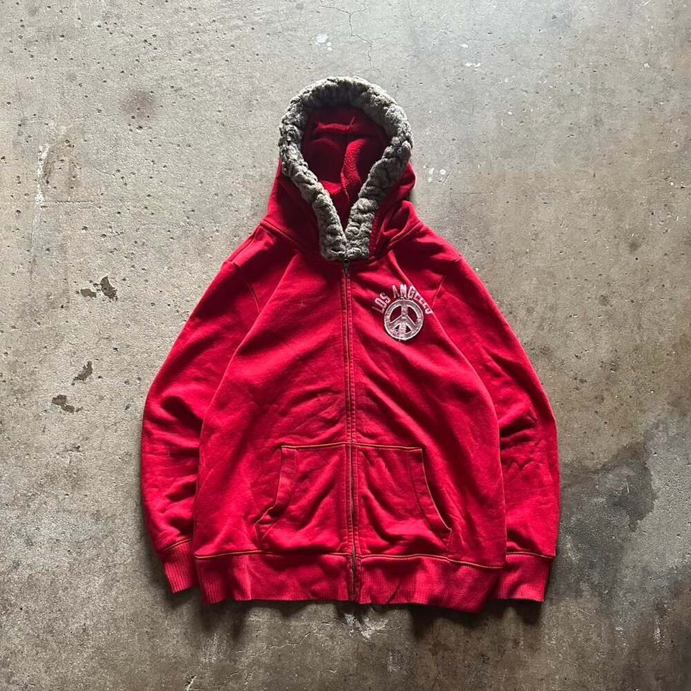 Vintage Y2K Hollister Crimson Red Fur Trim Zip Up Hoodie - Size L